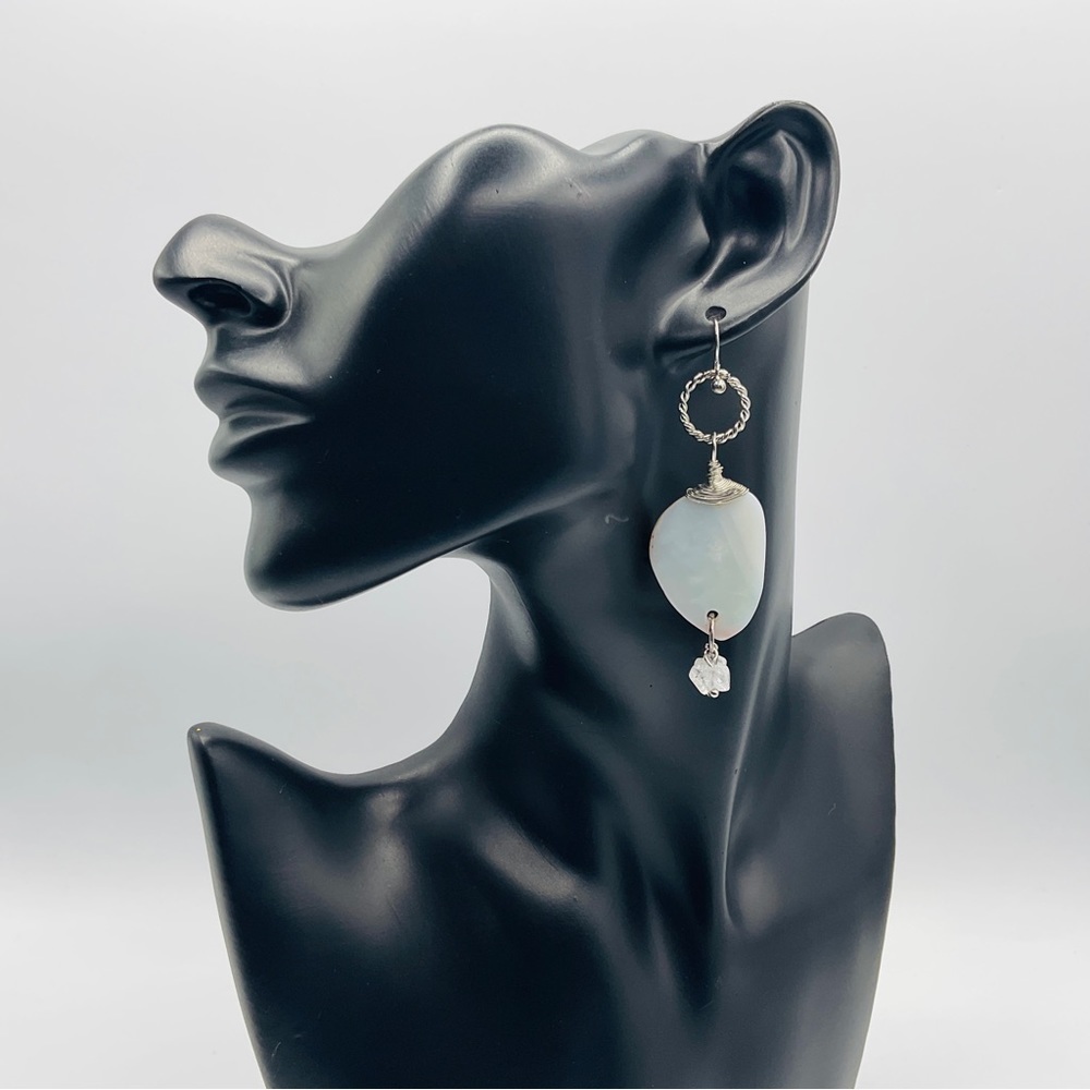 Taramanda Earrings Polished Stone Agate Gemstone Dangle Hook Silver Tone White